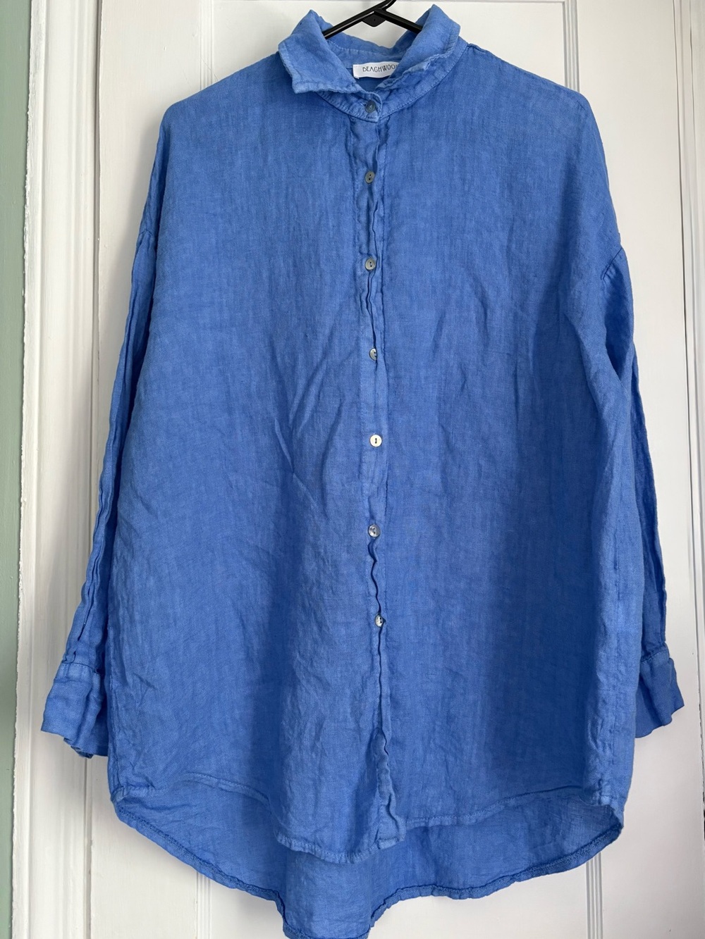 Beachwood Baby Blue Linen Button Front Ruffle Collar Blouse Tunic Sz: O/S